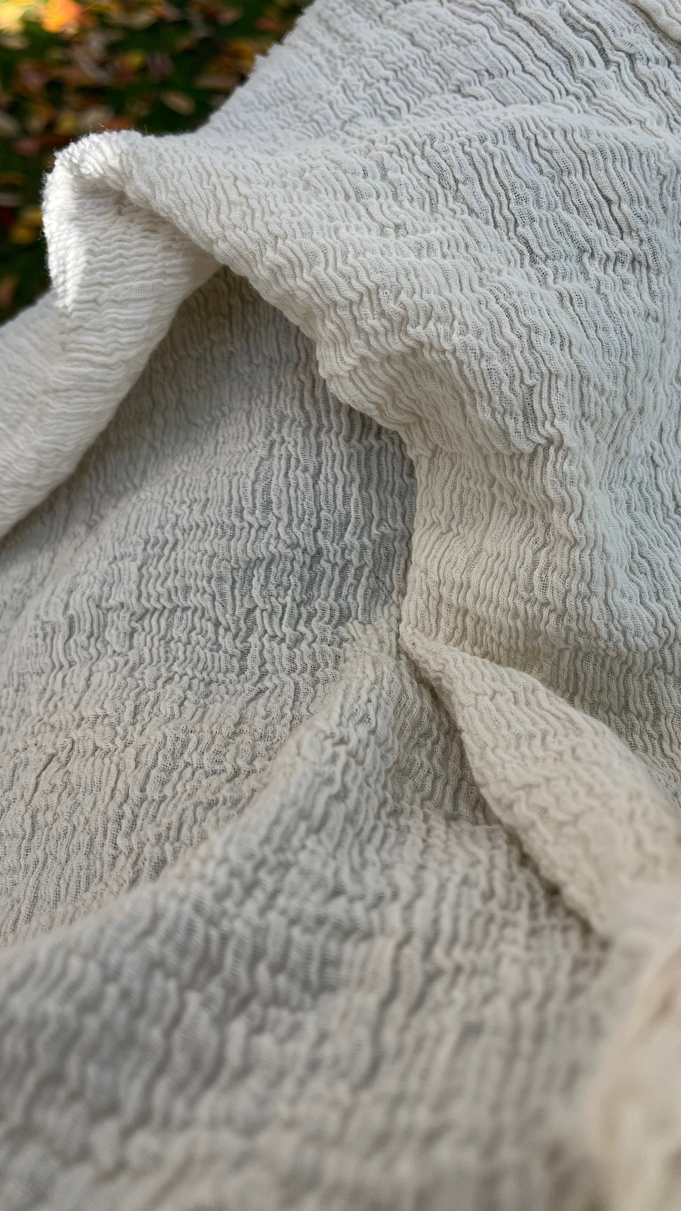 Neutral Stretchy Crinkle Cotton Fabric, Textured Surface,Off White Ivory Cotton Fabric, Light Weight.