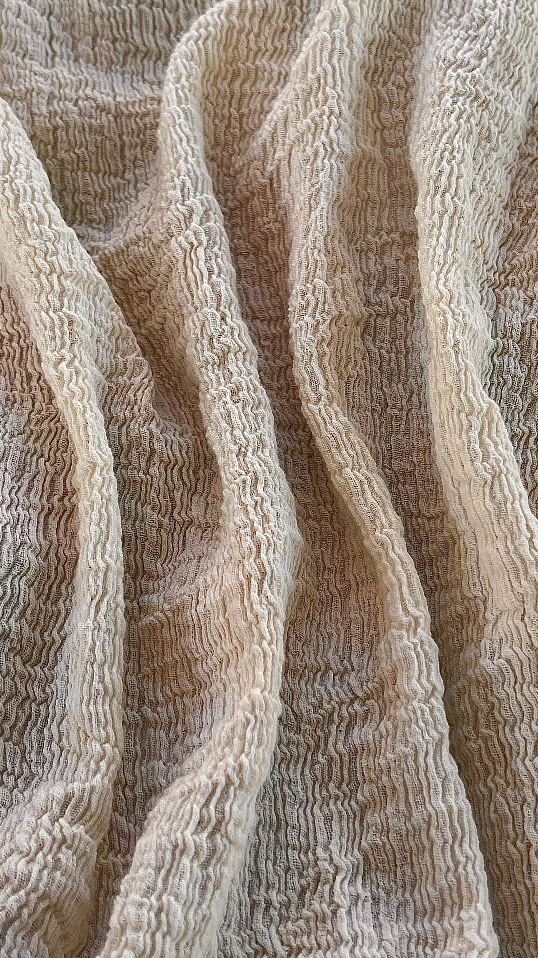 Neutral Stretchy Crinkle Cotton Fabric, Textured Surface,Off White Ivory Cotton Fabric, Light Weight.