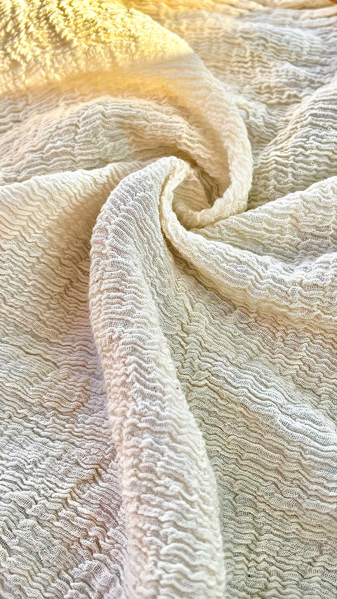 Neutral Stretchy Crinkle Cotton Fabric, Textured Surface,Off White Ivory Cotton Fabric, Light Weight.