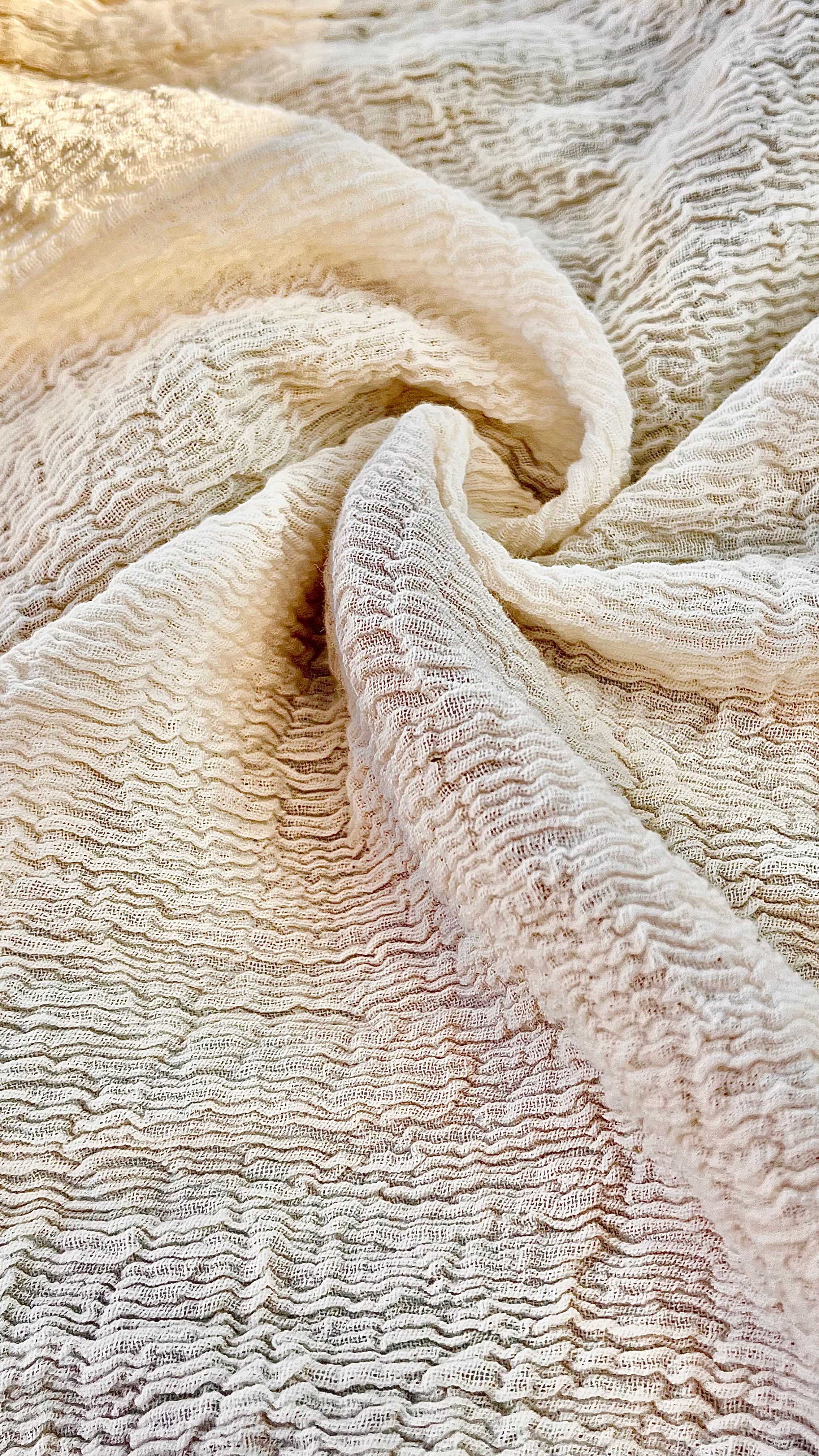 Neutral Stretchy Crinkle Cotton Fabric, Textured Surface,Off White Ivory Cotton Fabric, Light Weight.