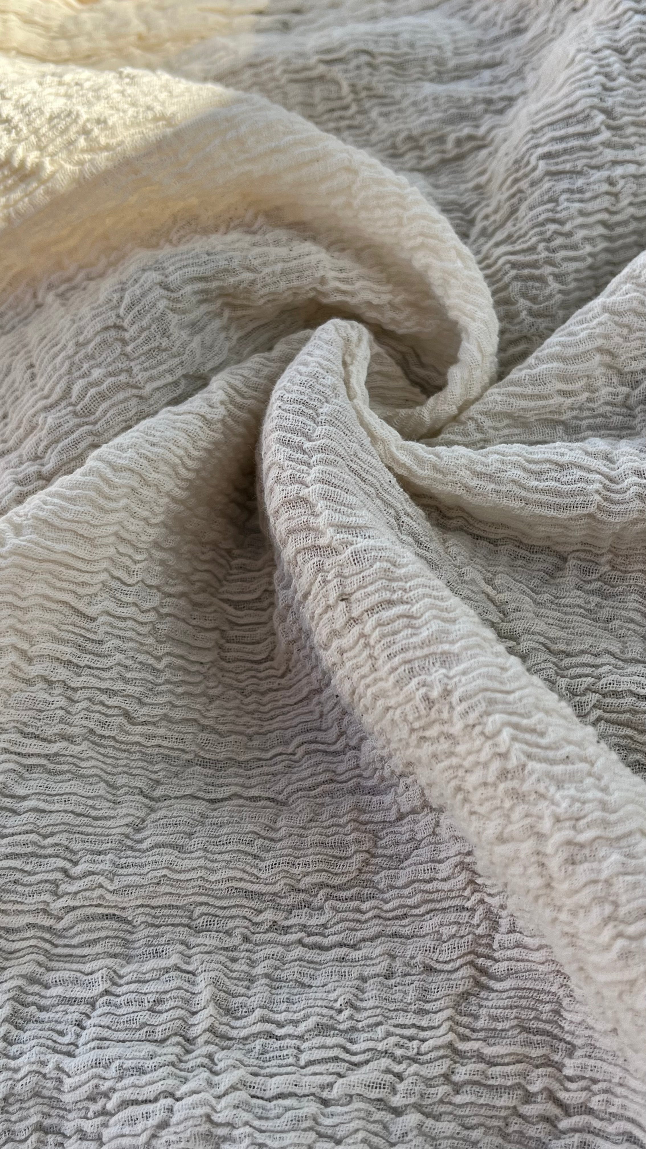 Neutral Stretchy Crinkle Cotton Fabric, Textured Surface,Off White Ivory Cotton Fabric, Light Weight.