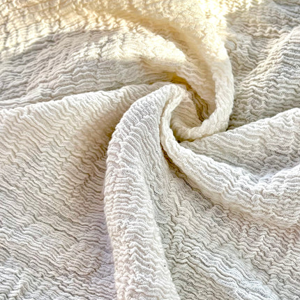 Neutral Stretchy Crinkle Cotton Fabric, Textured Surface,Off White Ivory Cotton Fabric, Light Weight.