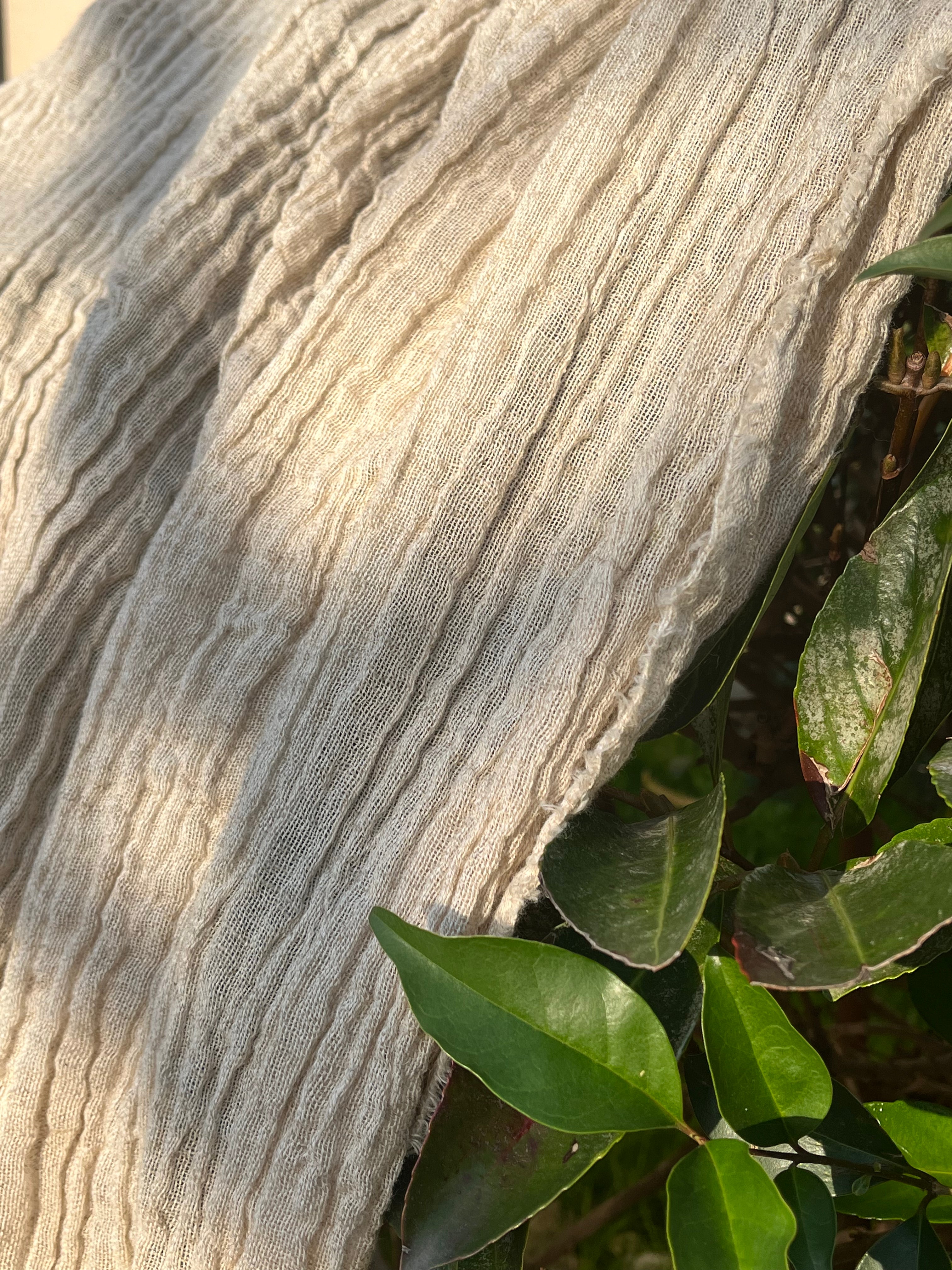 Neutral Stretchy Crinkle Linen Fabric, Textured Surface,Off Sand Beige Cotton Blend Fabric.