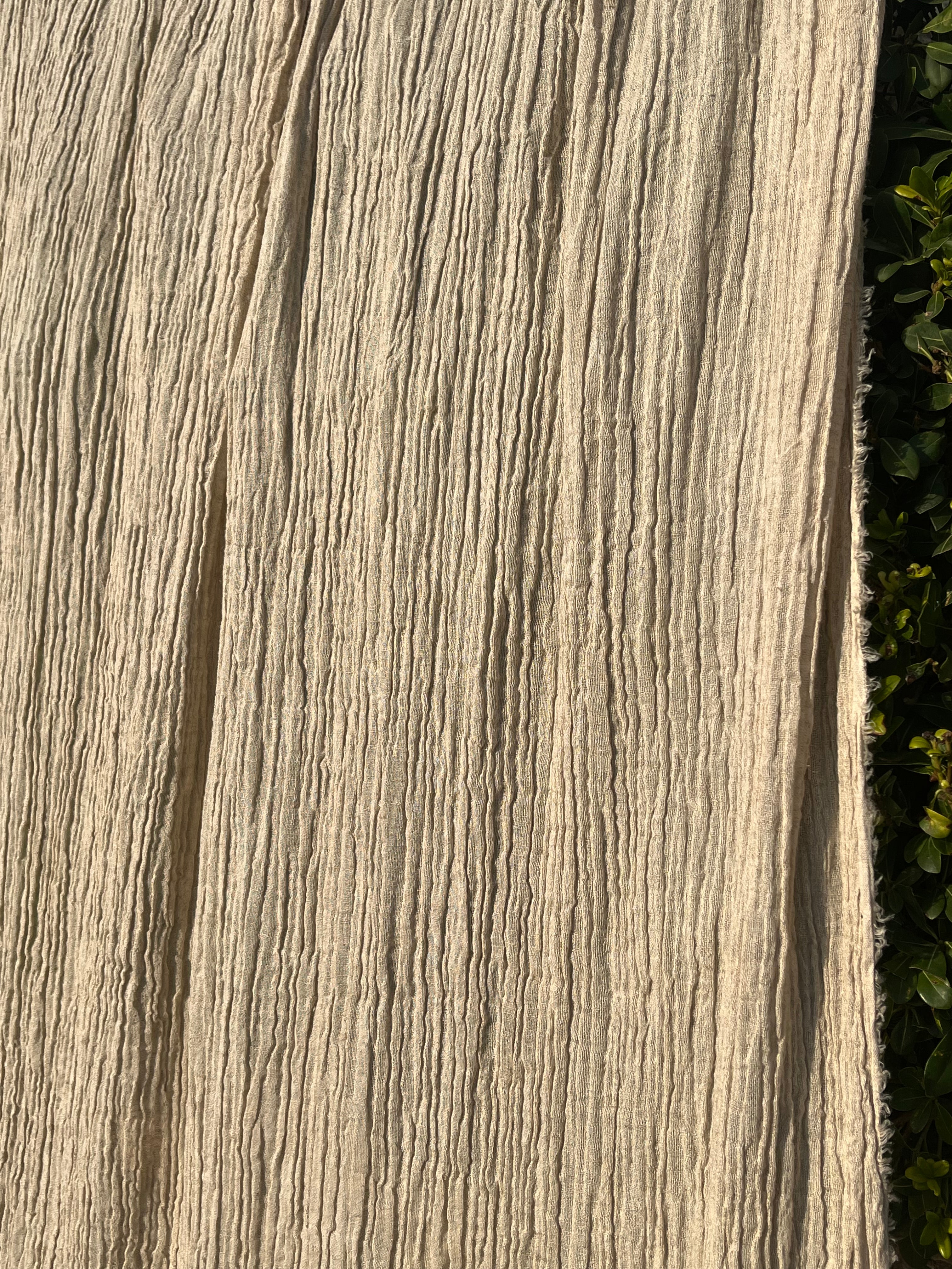 Neutral Stretchy Crinkle Linen Fabric, Textured Surface,Off Sand Beige Cotton Blend Fabric.