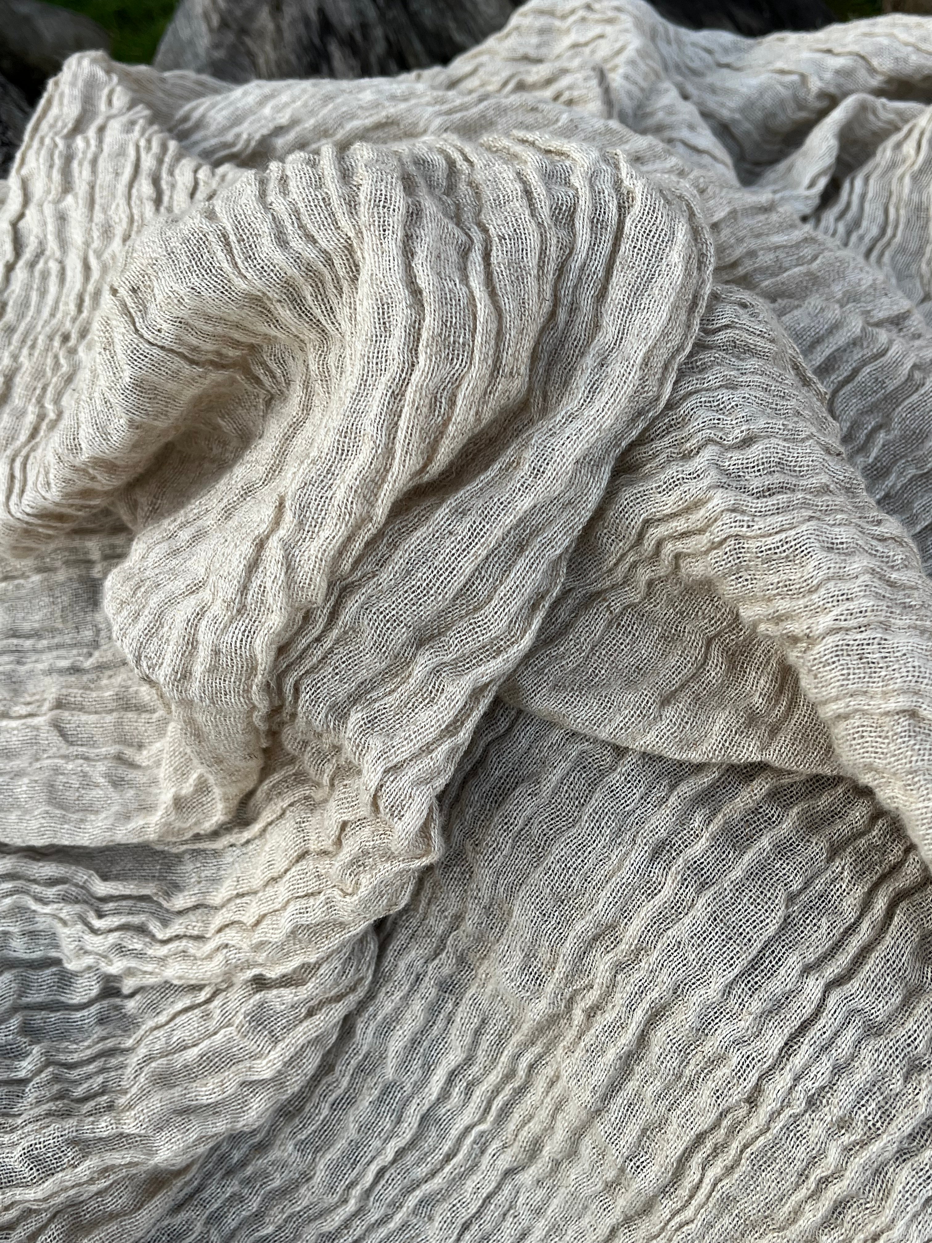 Neutral Stretchy Crinkle Linen Fabric, Textured Surface,Off Sand Beige Cotton Blend Fabric.