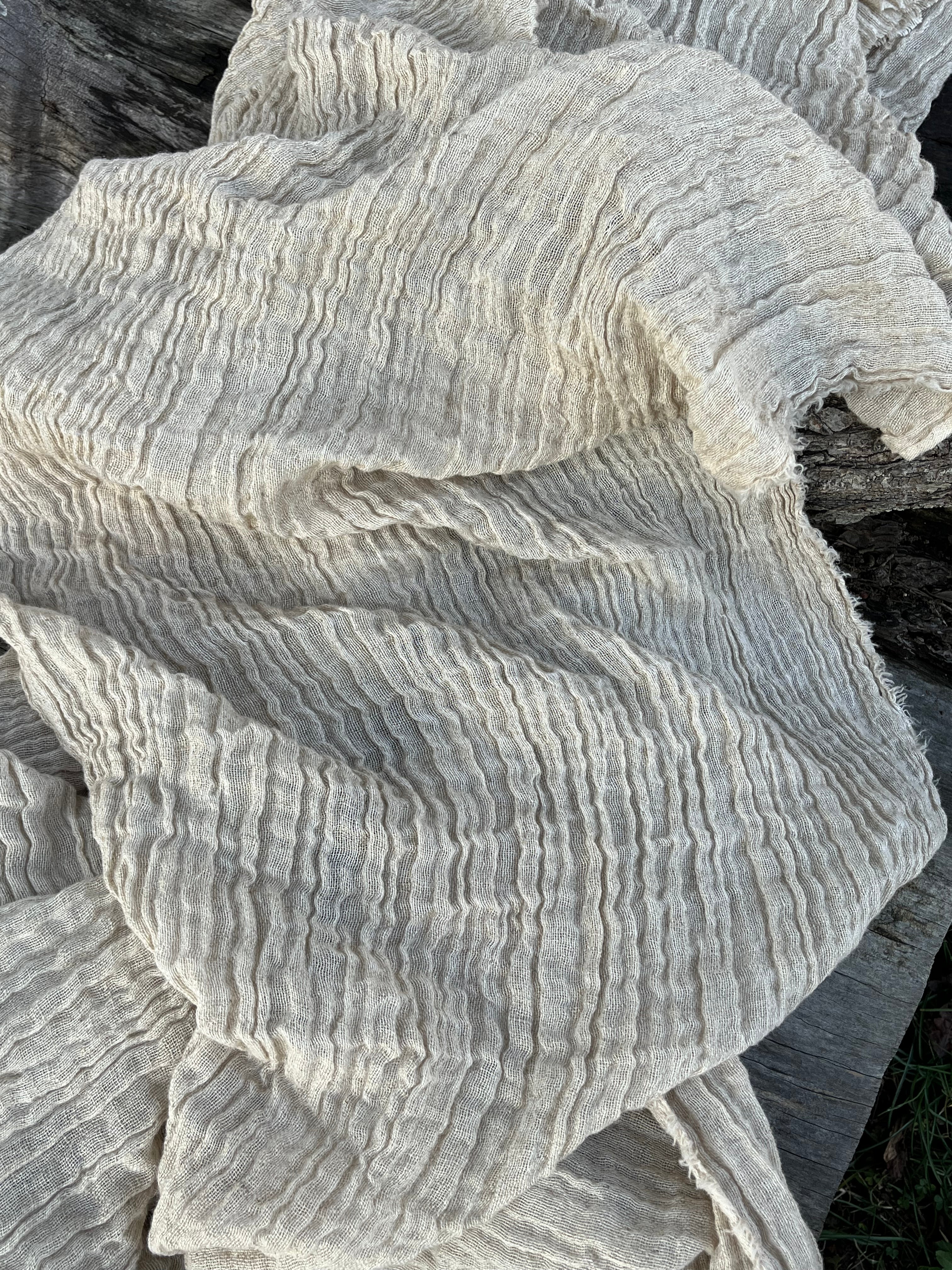 Neutral Stretchy Crinkle Linen Fabric, Textured Surface,Off Sand Beige Cotton Blend Fabric.