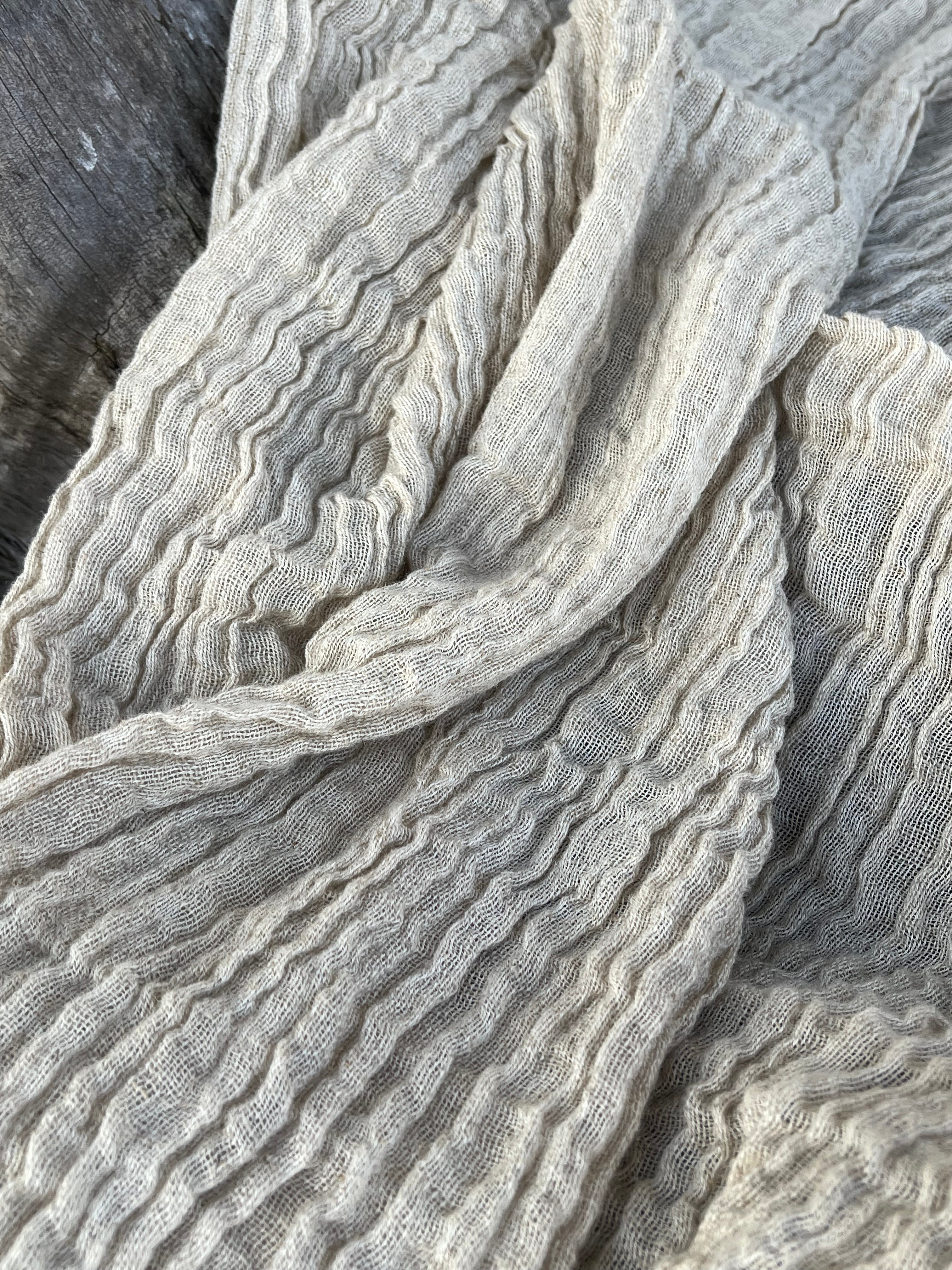 Neutral Stretchy Crinkle Linen Fabric, Textured Surface,Off Sand Beige Cotton Blend Fabric.