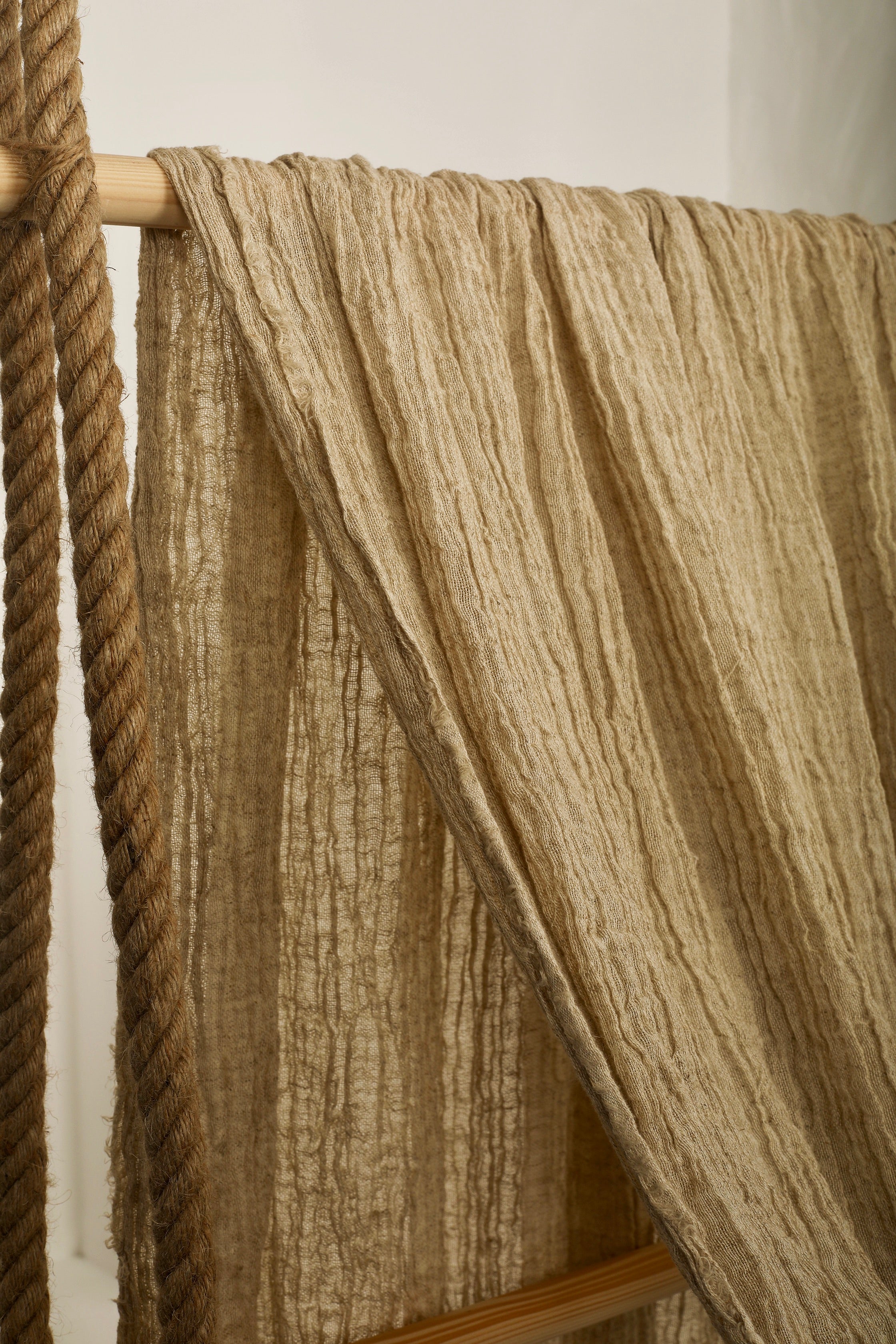 Neutral Stretchy Crinkle Linen Fabric, Textured Surface,Off Sand Beige Cotton Blend Fabric.