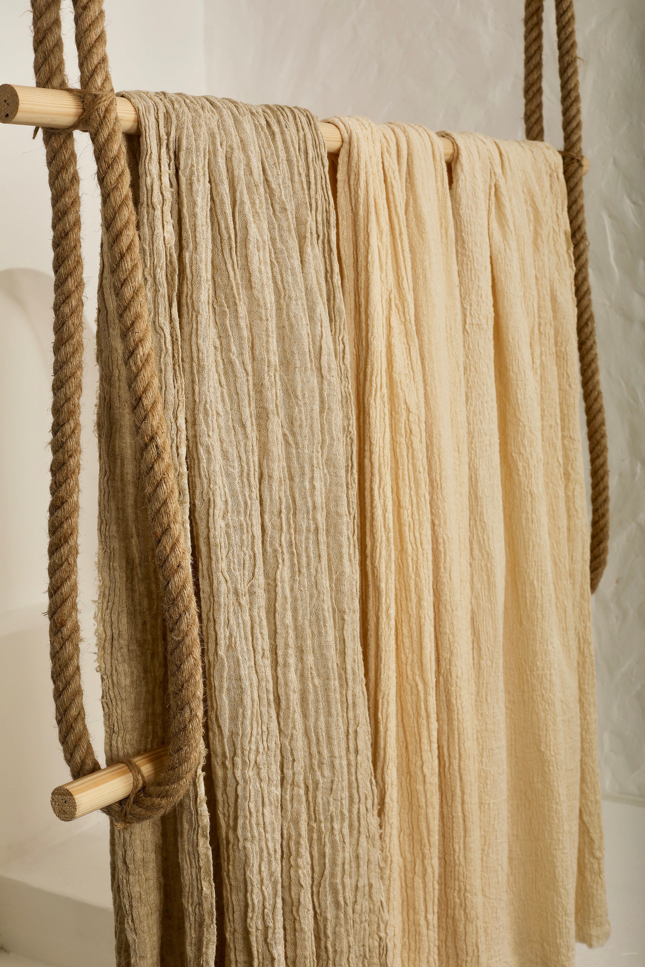 Neutral Stretchy Crinkle Linen Fabric, Textured Surface,Off Sand Beige Cotton Blend Fabric.