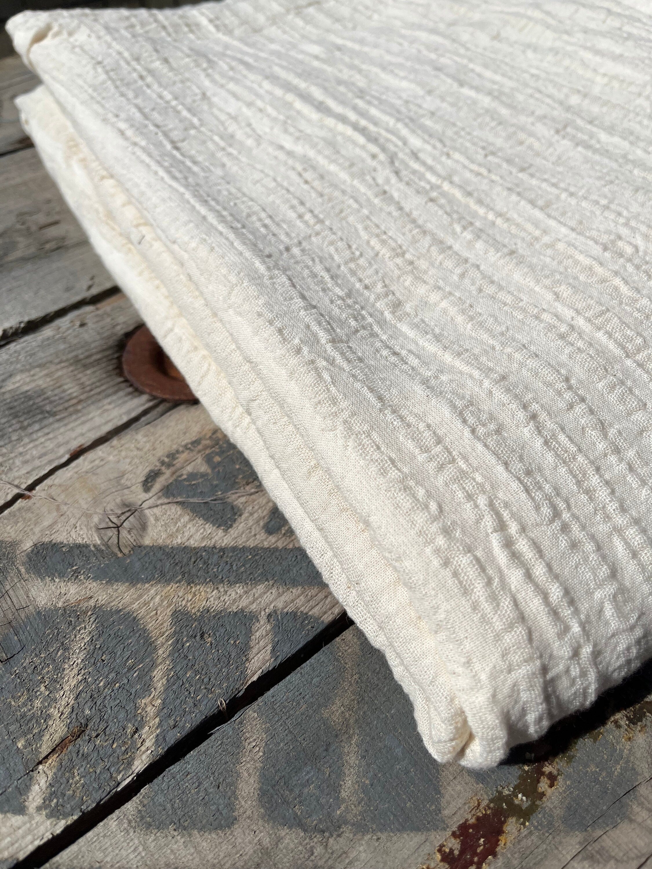 Wrinkled Softened Linen Cotton Fabric By The Yard/ Unbleached Surface With White Stripes.