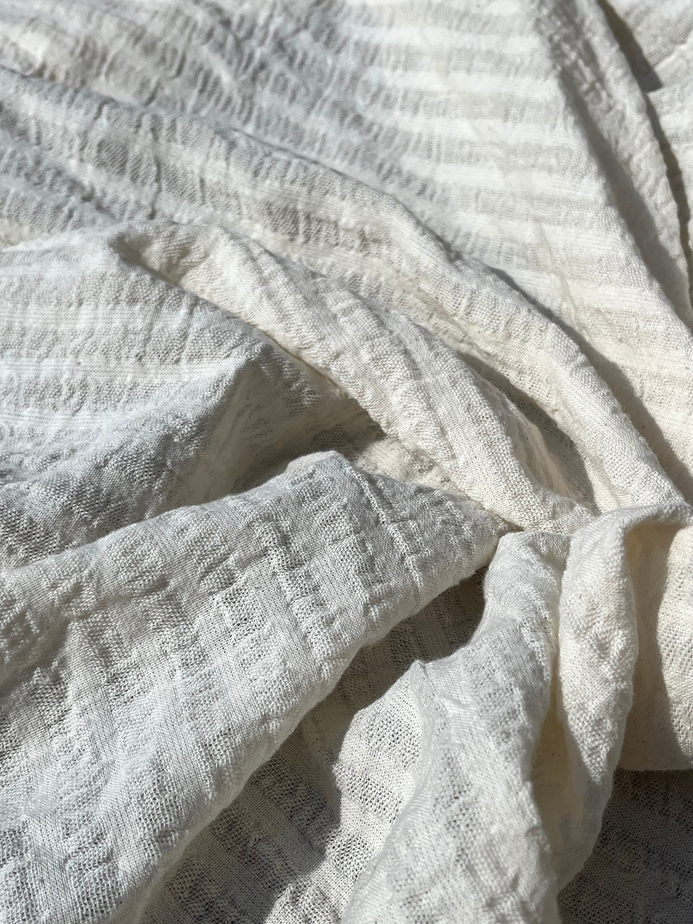 Wrinkled Softened Linen Cotton Fabric By The Yard/ Unbleached Surface With White Stripes.