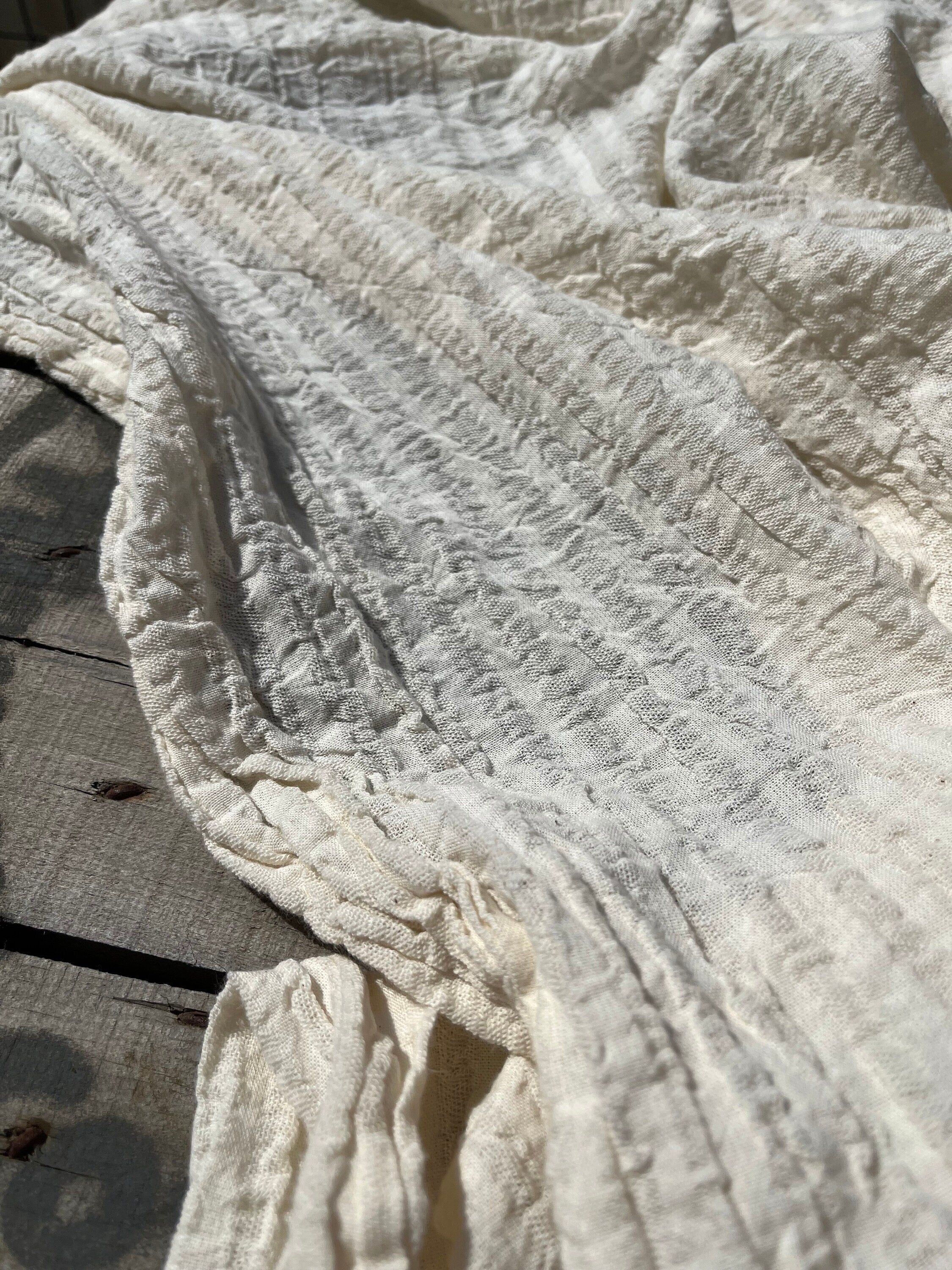 Wrinkled Softened Linen Cotton Fabric By The Yard/ Unbleached Surface With White Stripes.