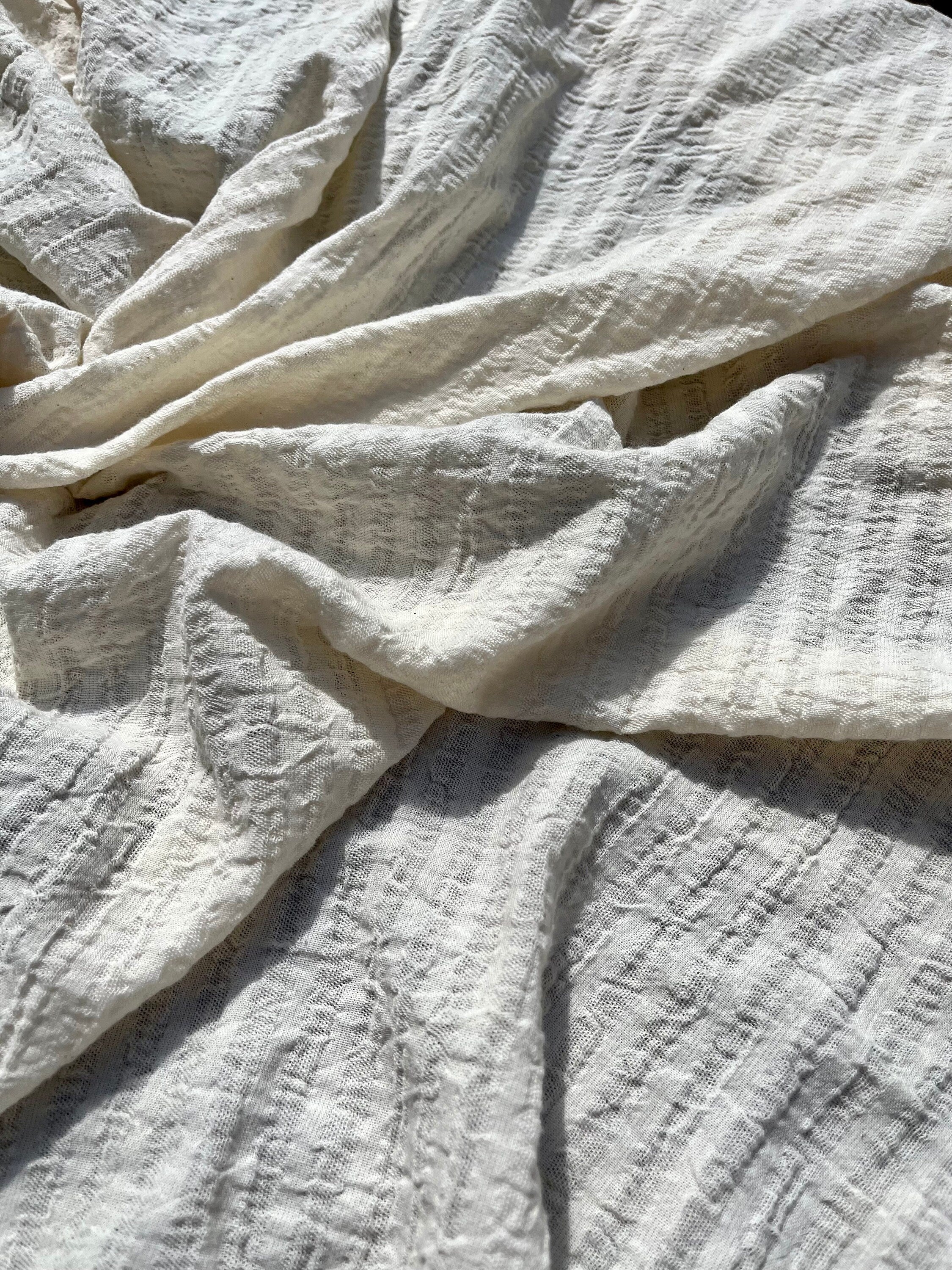 Wrinkled Softened Linen Cotton Fabric By The Yard/ Unbleached Surface With White Stripes.